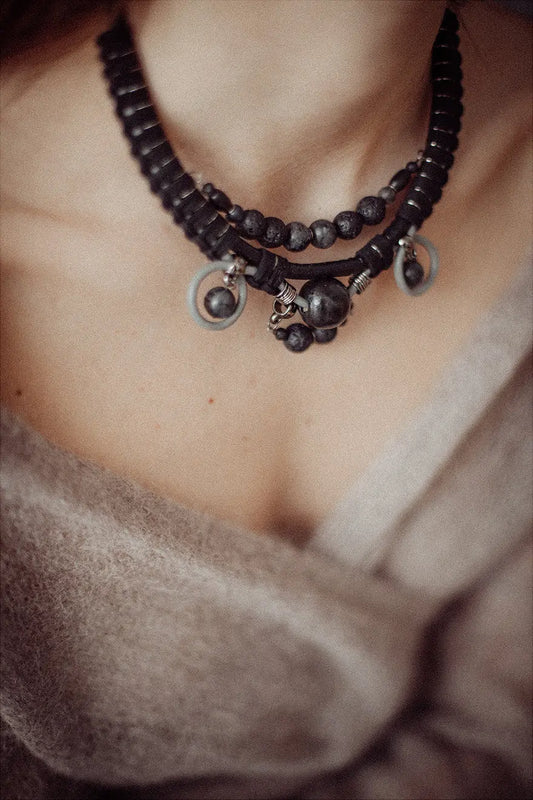 Tribal Leather Rope and Bead Necklcace Vika Studio