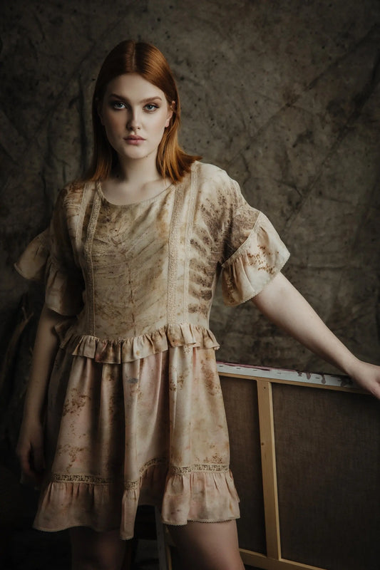 Silk ruffle dress with botanical prints Vika Studio