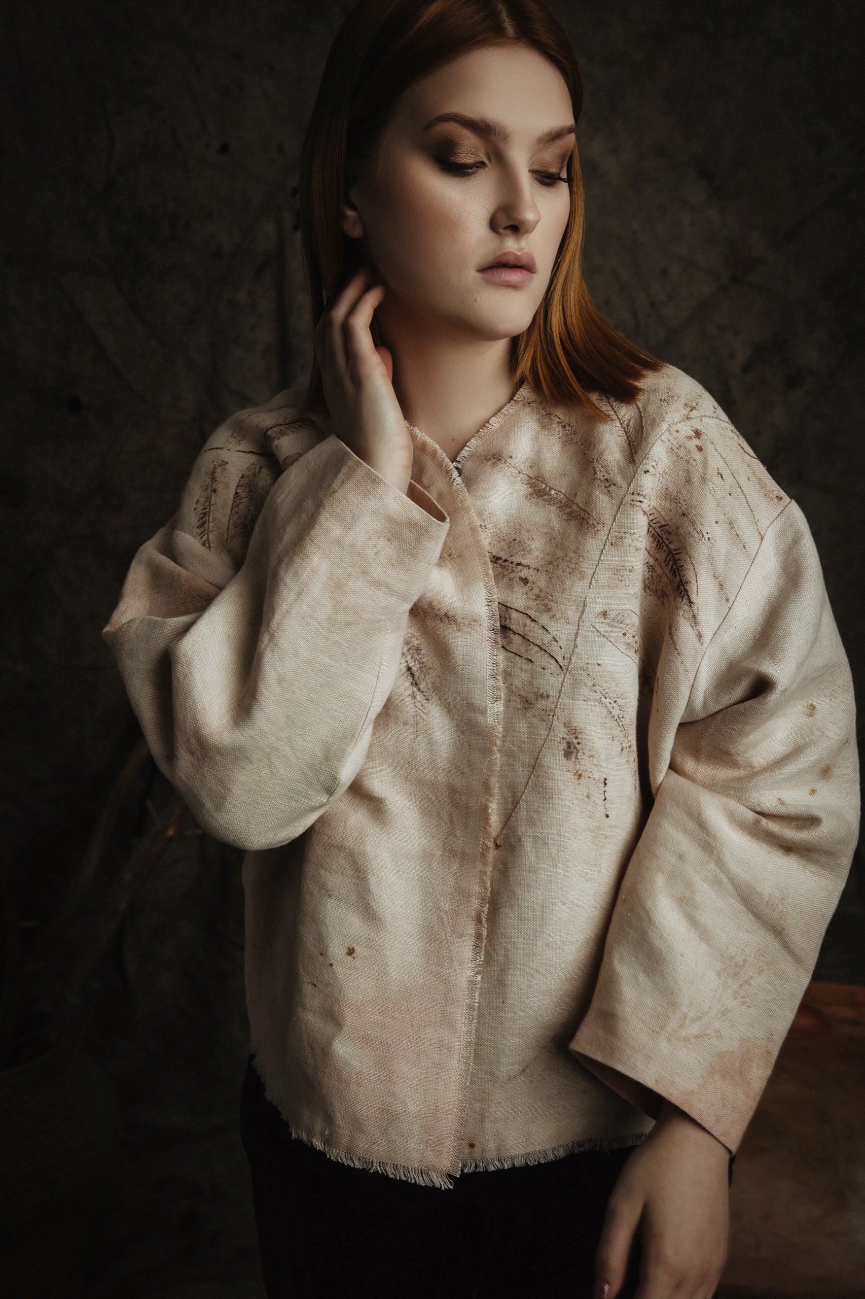 Botanical-Dyed Linen Oversize Jacket with Embroidery