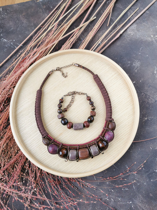 Chunky boho necklace with bracelet Vika Studio