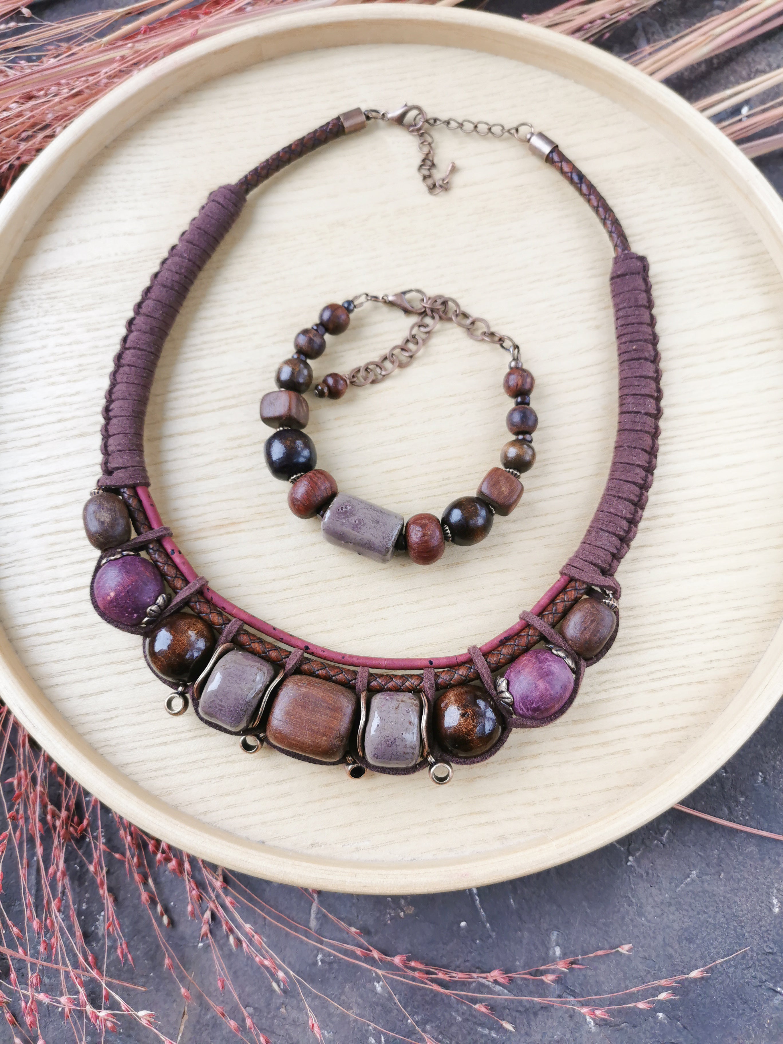 Chunky boho necklace with bracelet