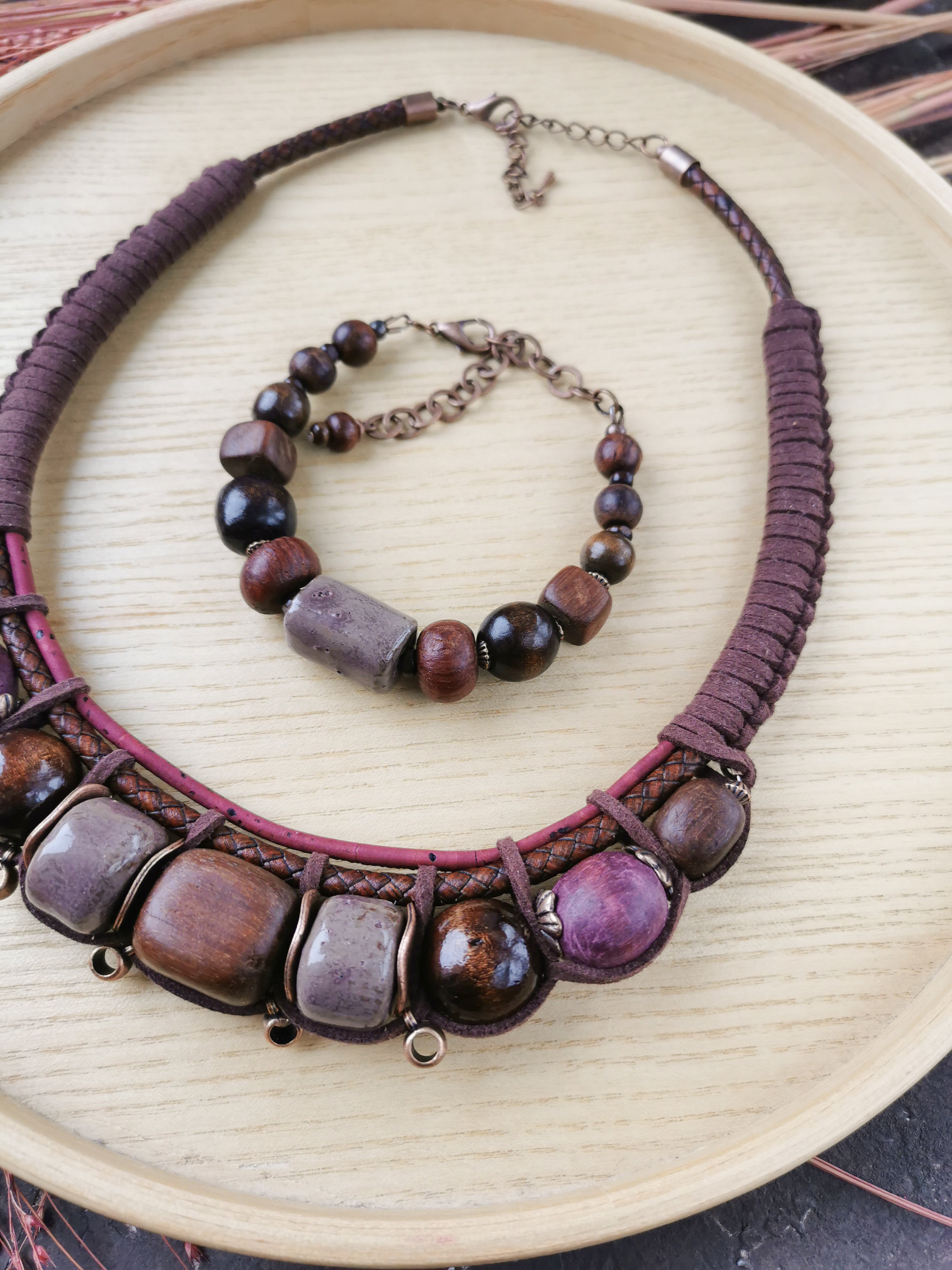 Chunky boho necklace with bracelet