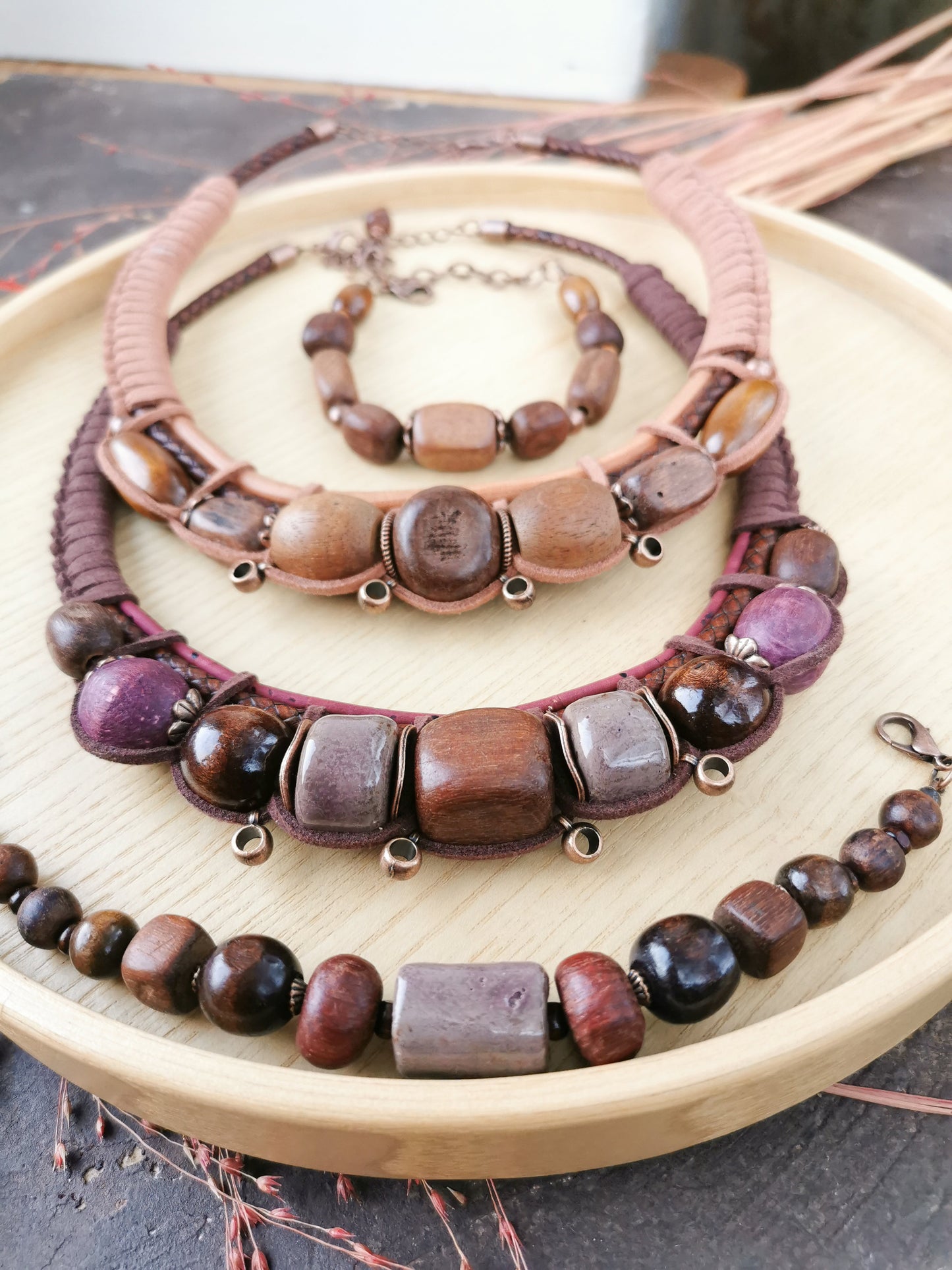 Chunky boho necklace with bracelet Vika Studio