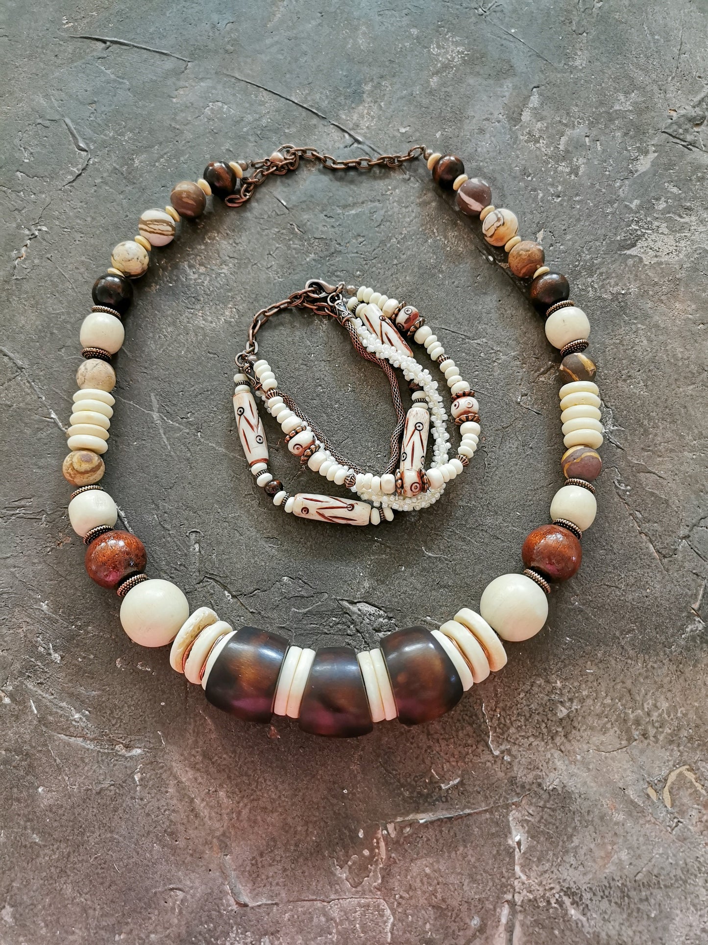 Etno bone bead jewelry set Vika Studio