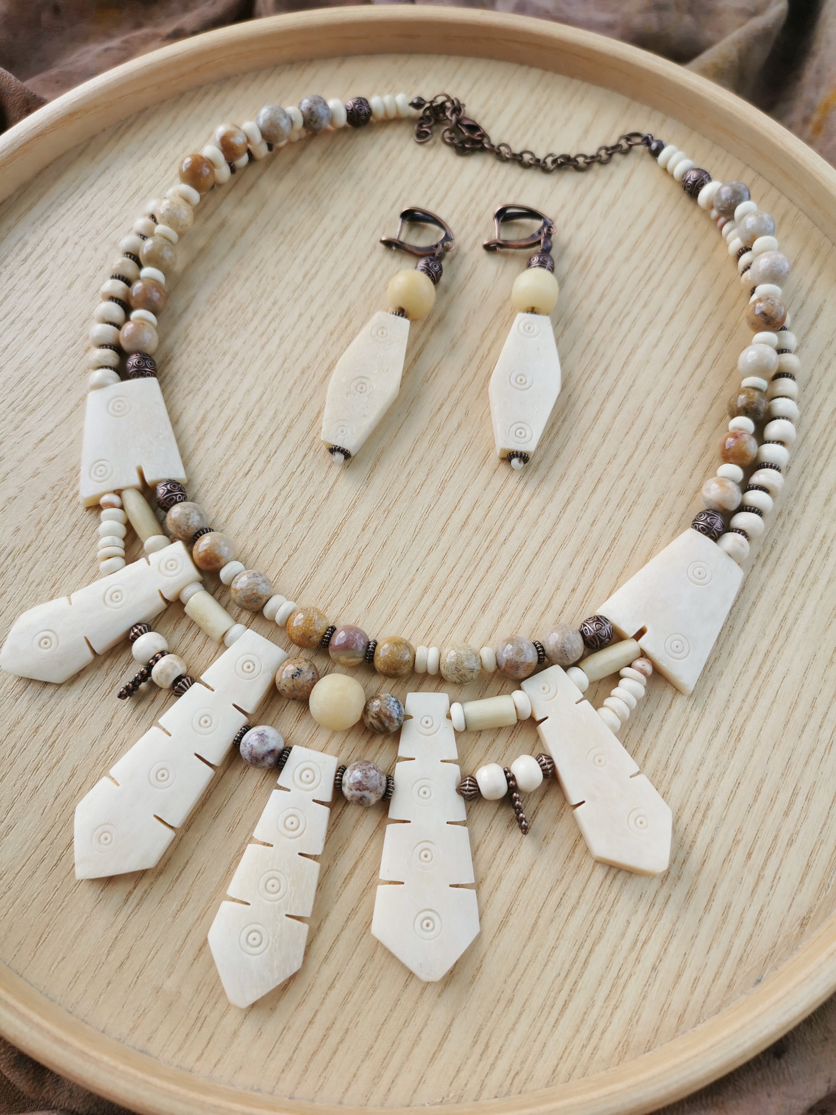 Bone Bead Statement Necklace with Earrings