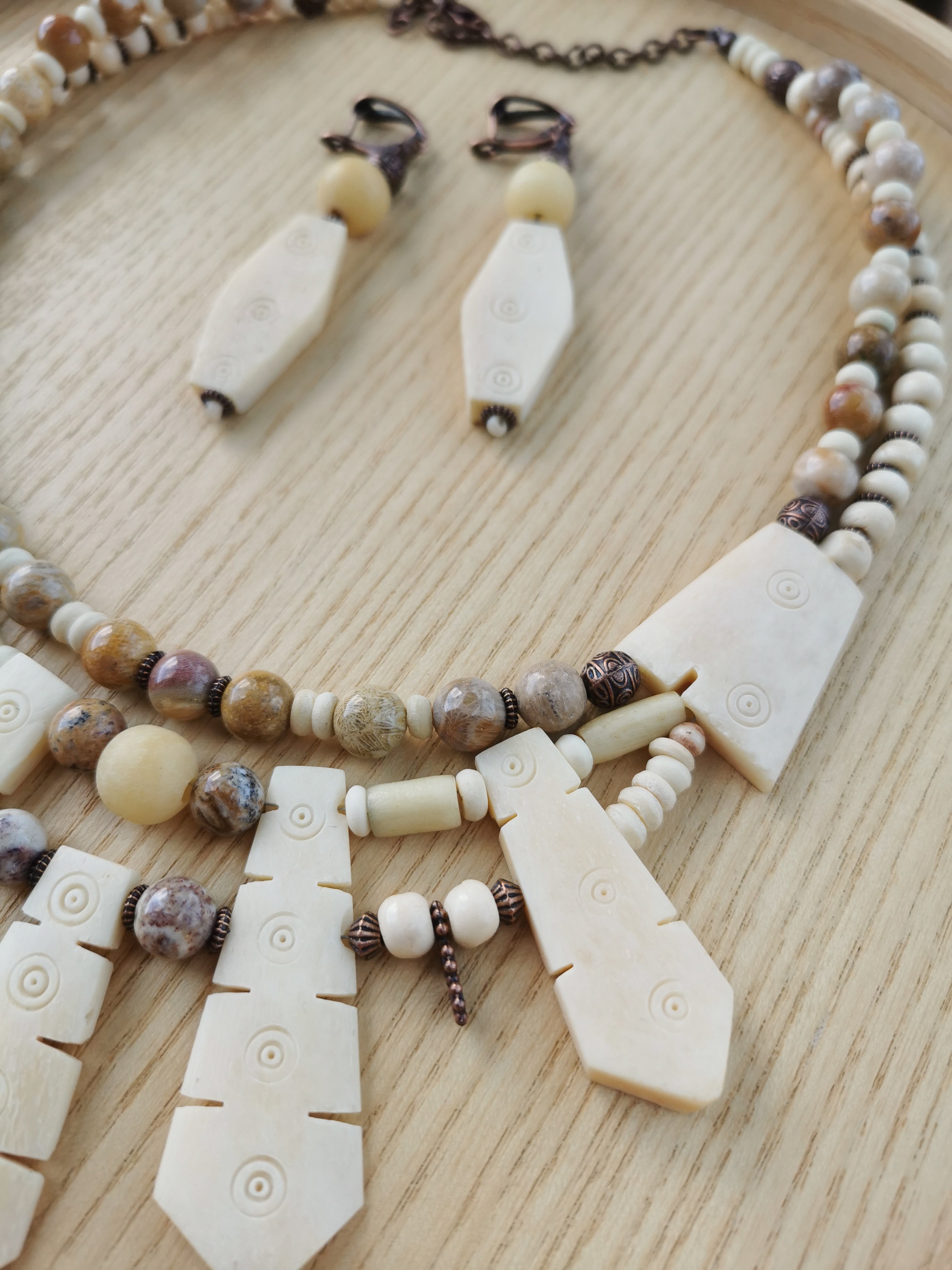 Bone Bead Statement Necklace with Earrings