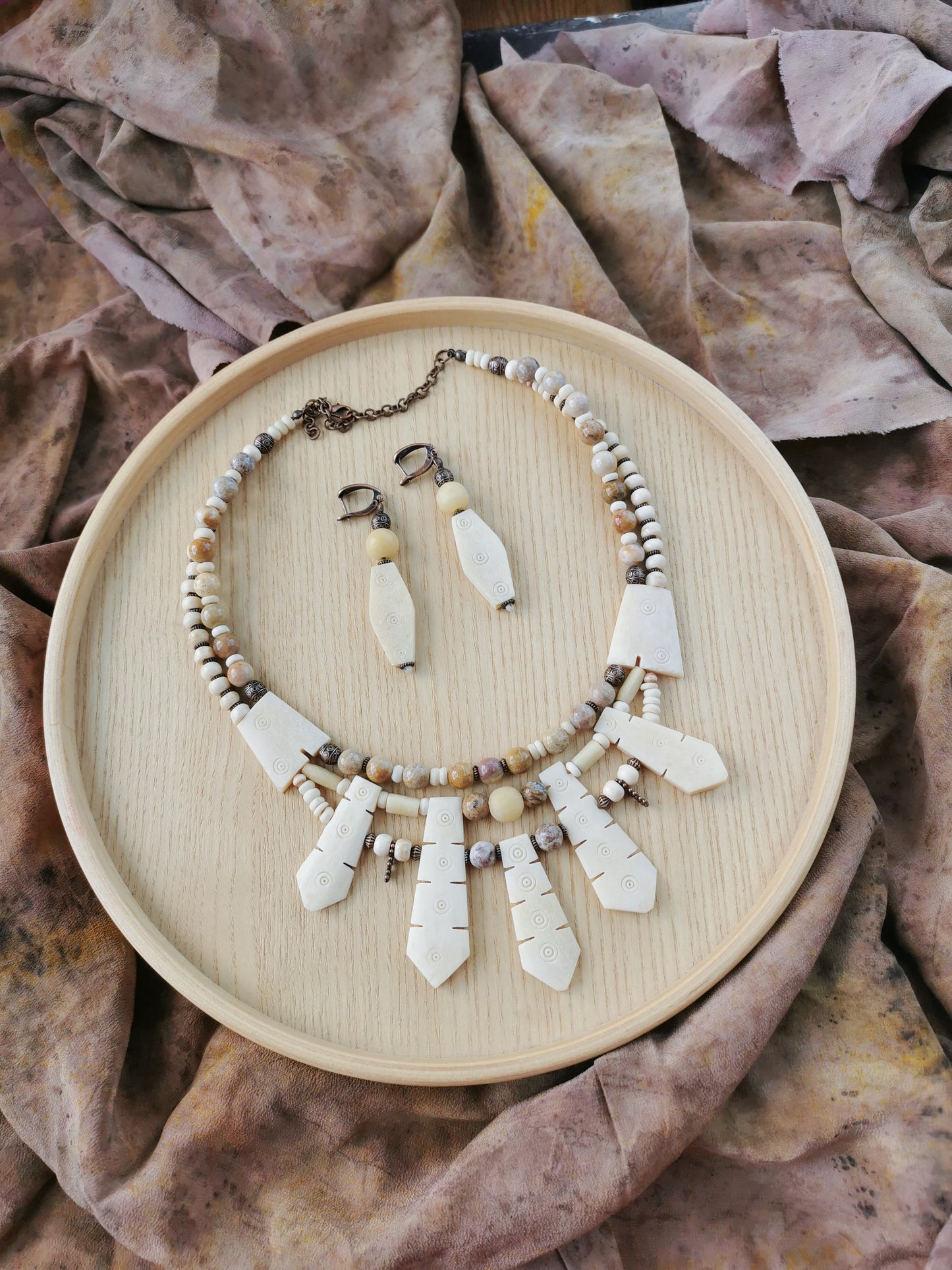 Bone Bead Statement Necklace with Earrings