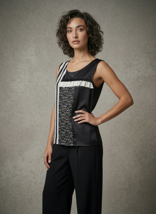 women wearing black and white colour block silk tank top
