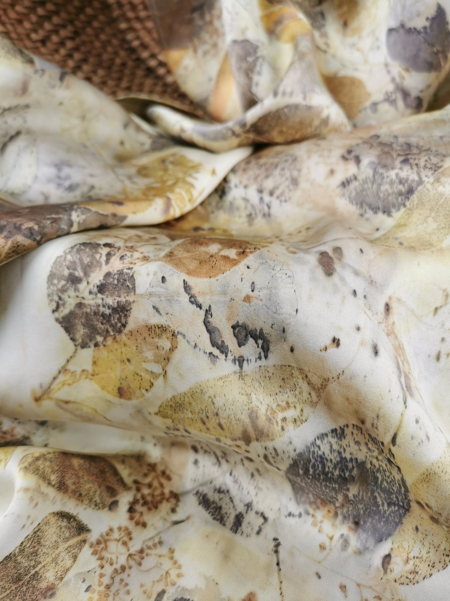 Close-up of leaf eco print silk scarf