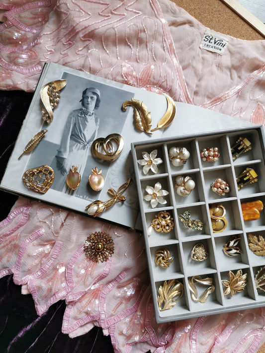 vintage beaded blouse and vintage jewellery brooches