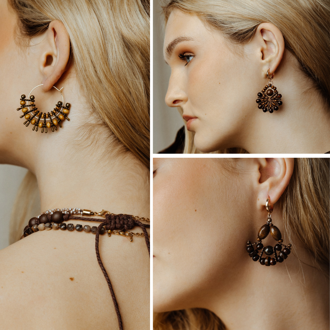 photo collage of women. wearing round boho beaded earrings