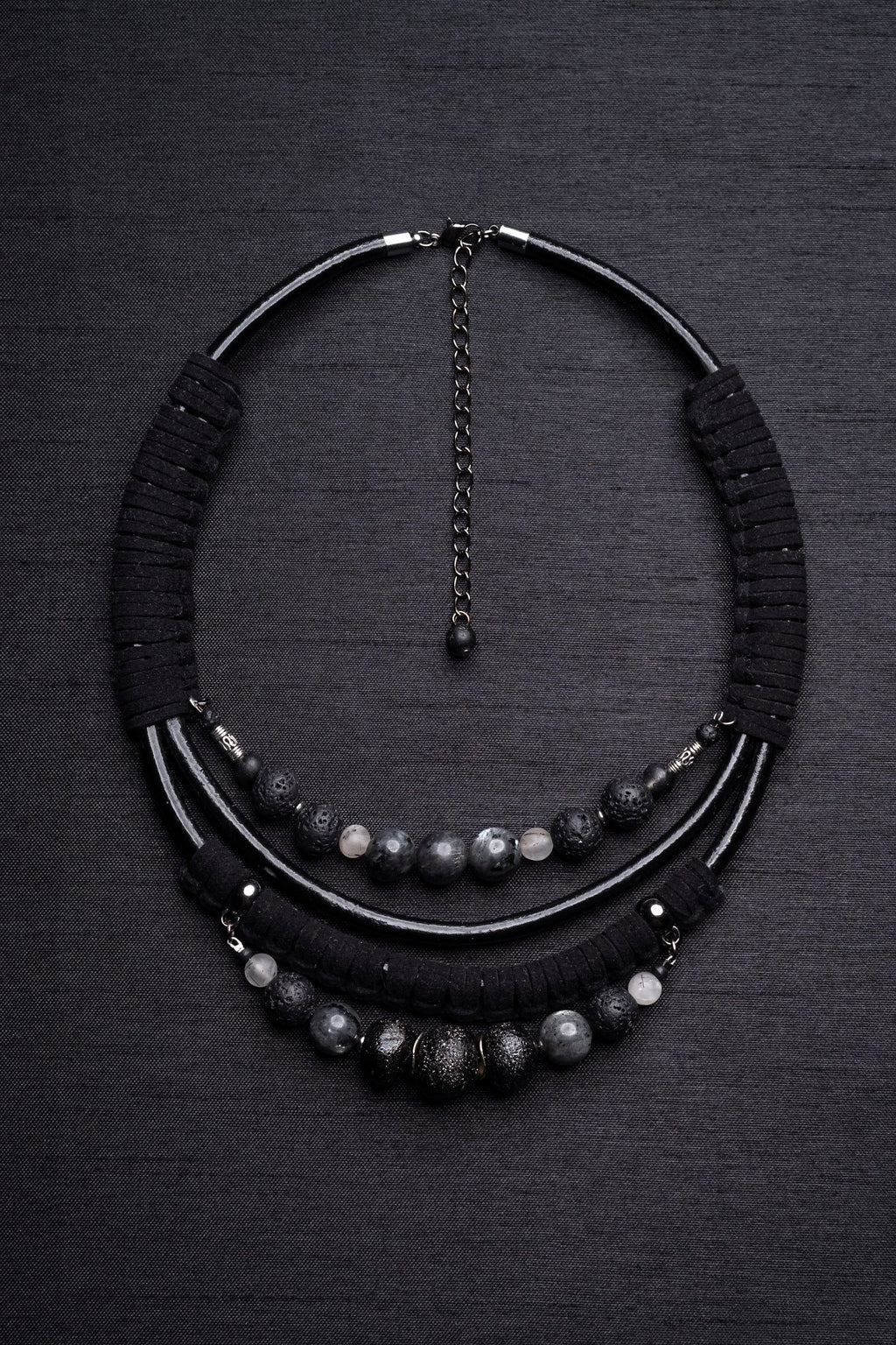 Black labradorite bead and leather bib necklace
