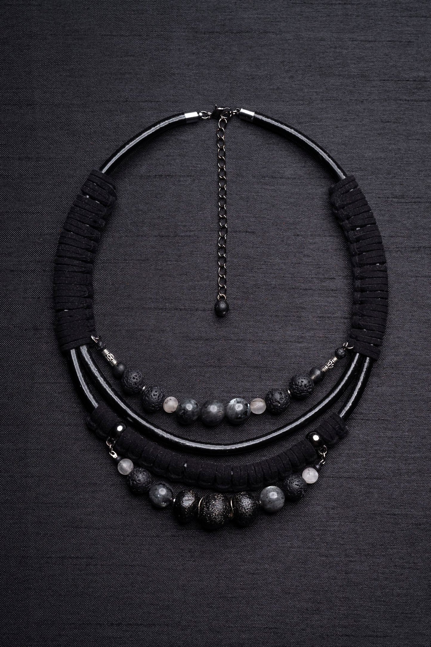 Black labradorite bead and leather bib necklace
