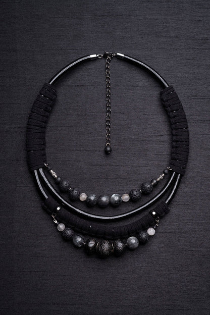 Black labradorite bead and leather bib necklace