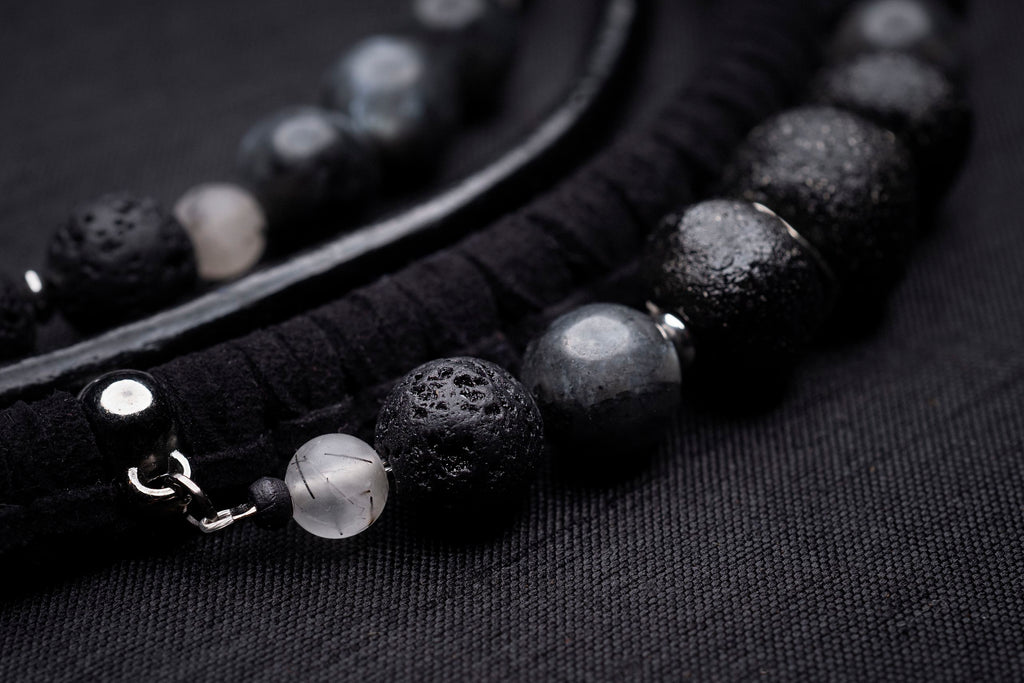 Black labradorite bead and leather bib necklace