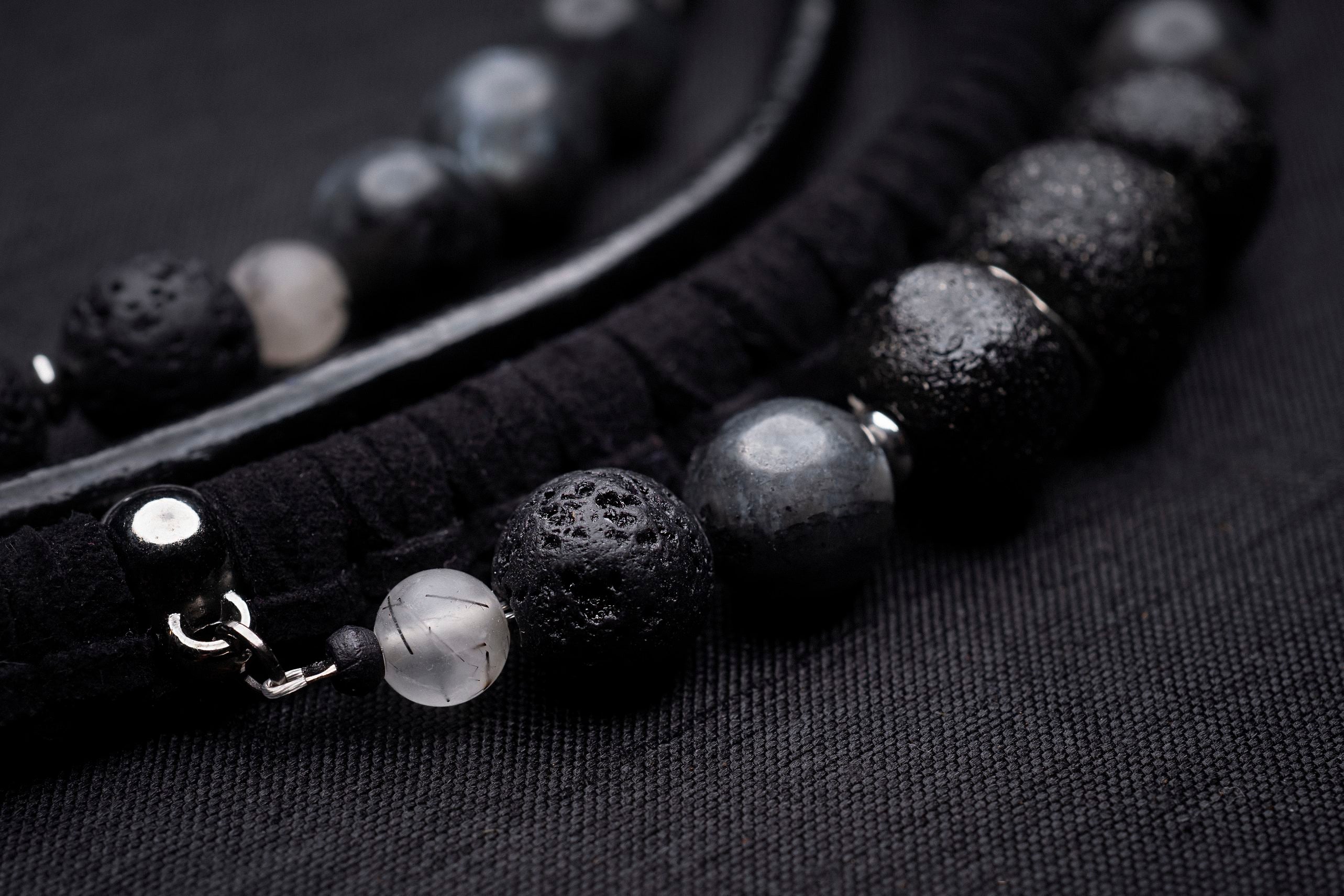 Black labradorite bead and leather bib necklace