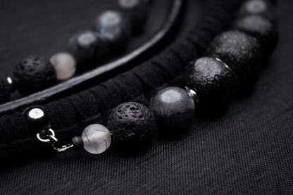 Black labradorite bead and leather bib necklace