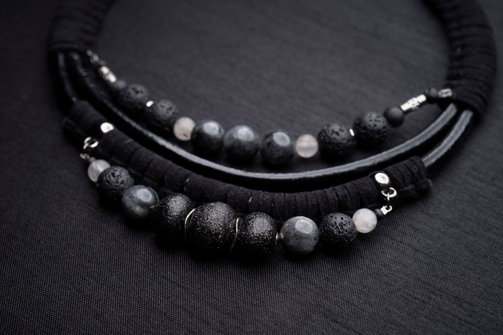 Black labradorite bead and leather bib necklace