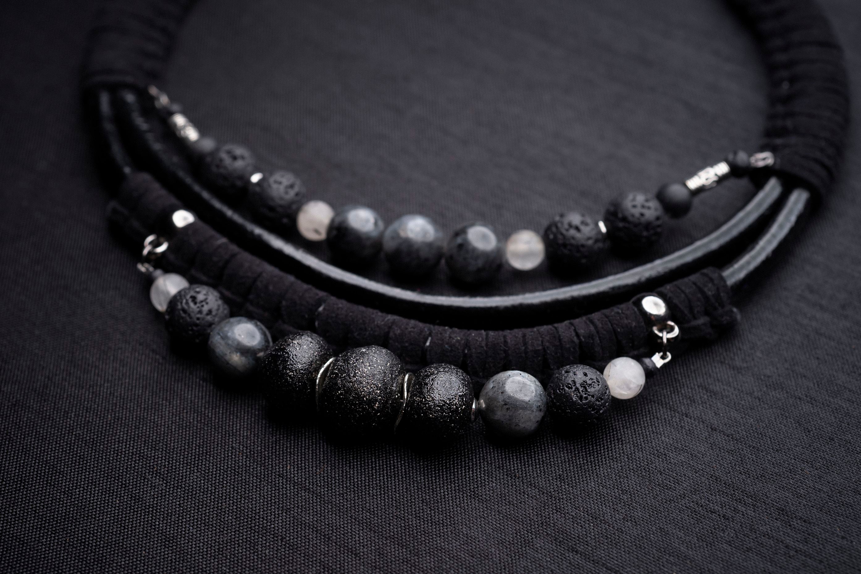 Black labradorite bead and leather bib necklace