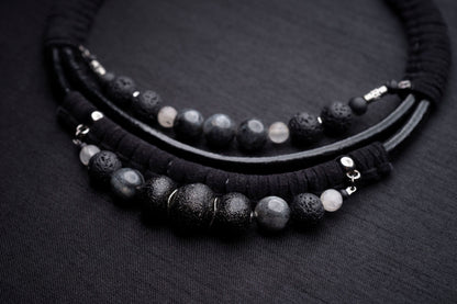 Black labradorite bead and leather bib necklace