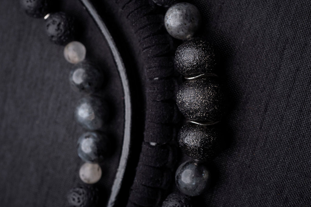 Black labradorite bead and leather bib necklace