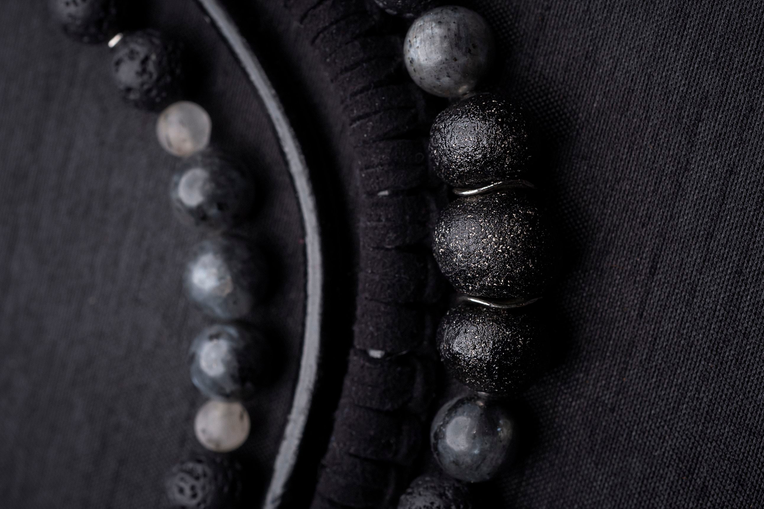 Black labradorite bead and leather bib necklace