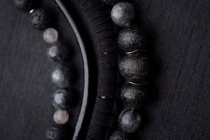 Black labradorite bead and leather bib necklace