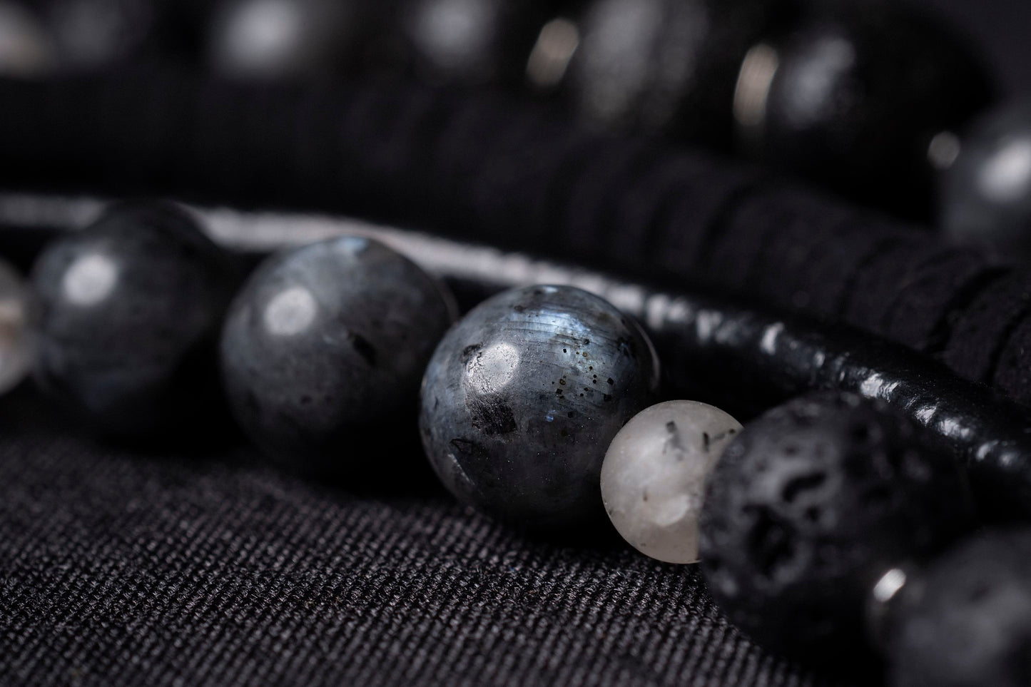 Black labradorite bead and leather bib necklace