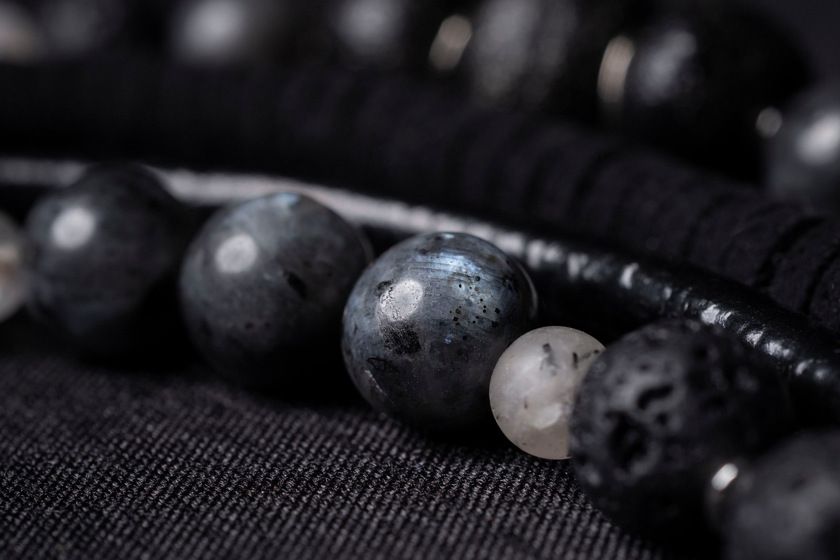 Black labradorite bead and leather bib necklace