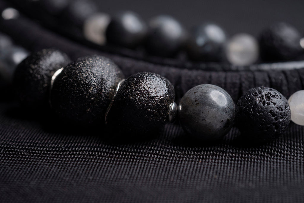 Black labradorite bead and leather bib necklace