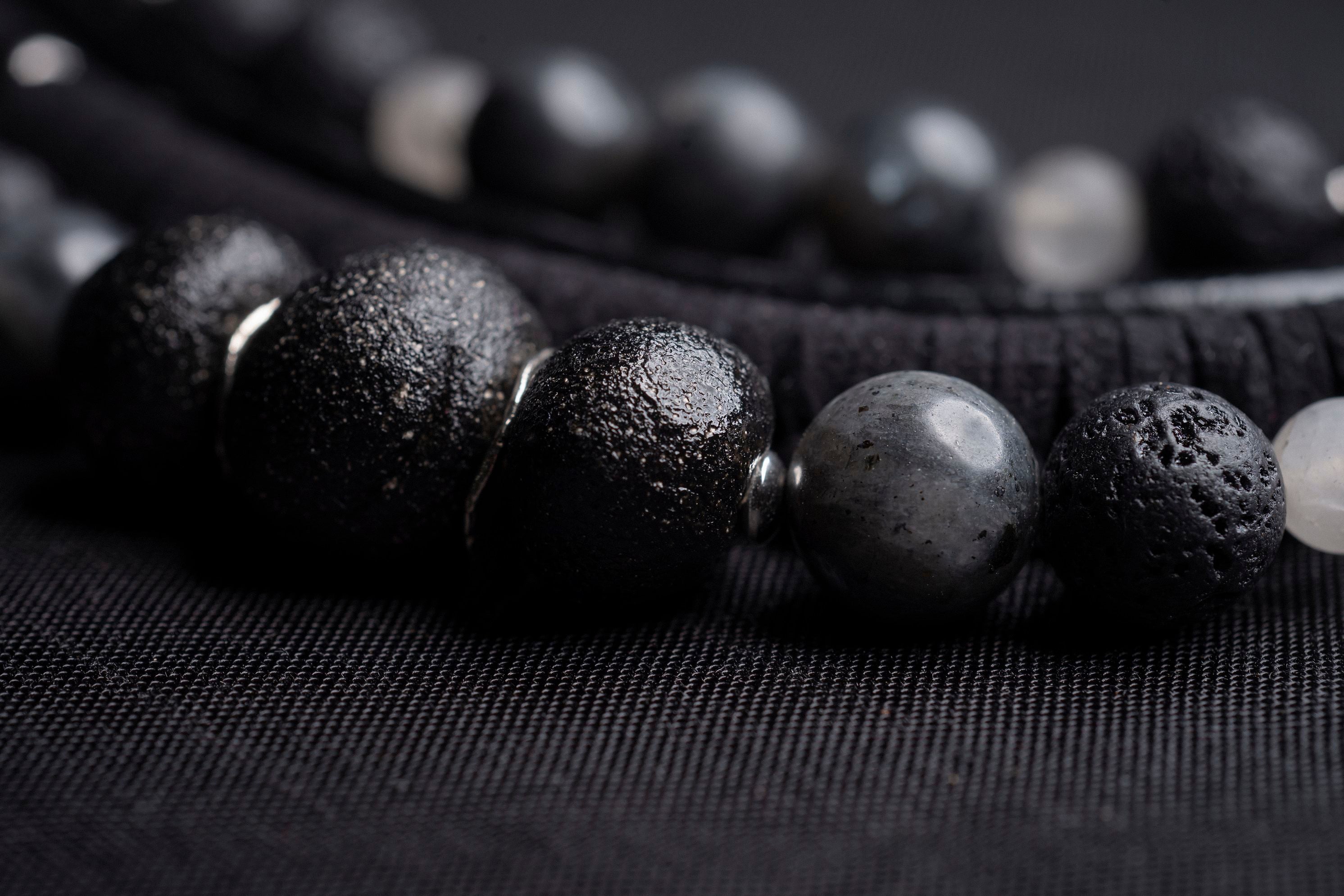 Black labradorite bead and leather bib necklace