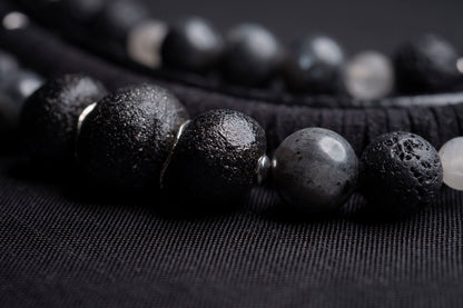 Black labradorite bead and leather bib necklace