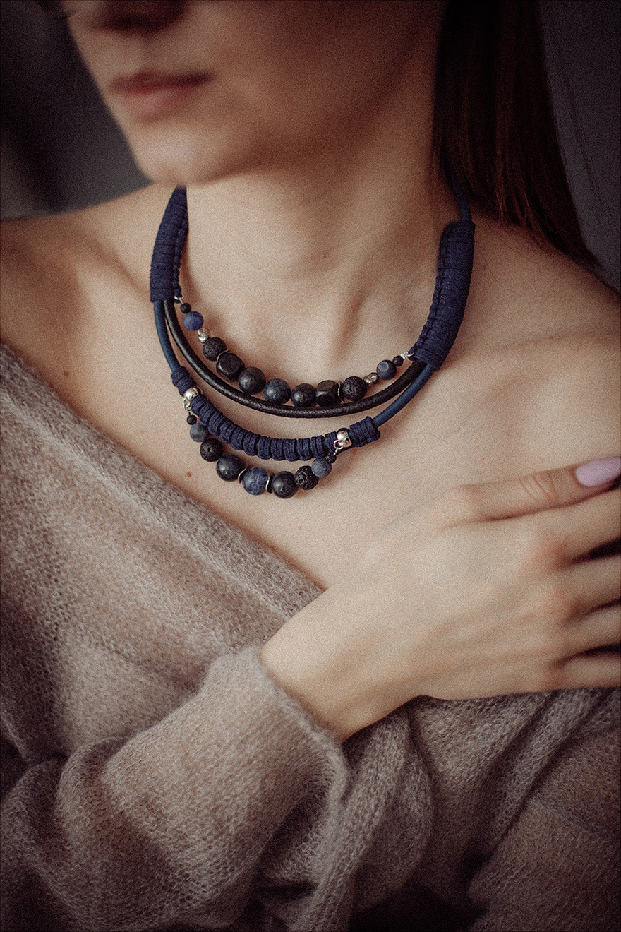 Bead and leather bib necklace