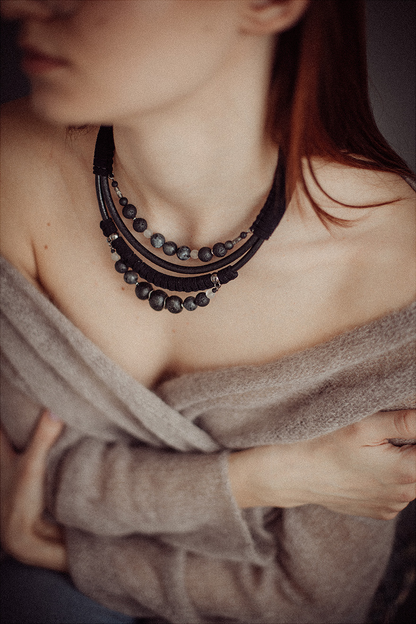 Black labradorite bead and leather bib necklace