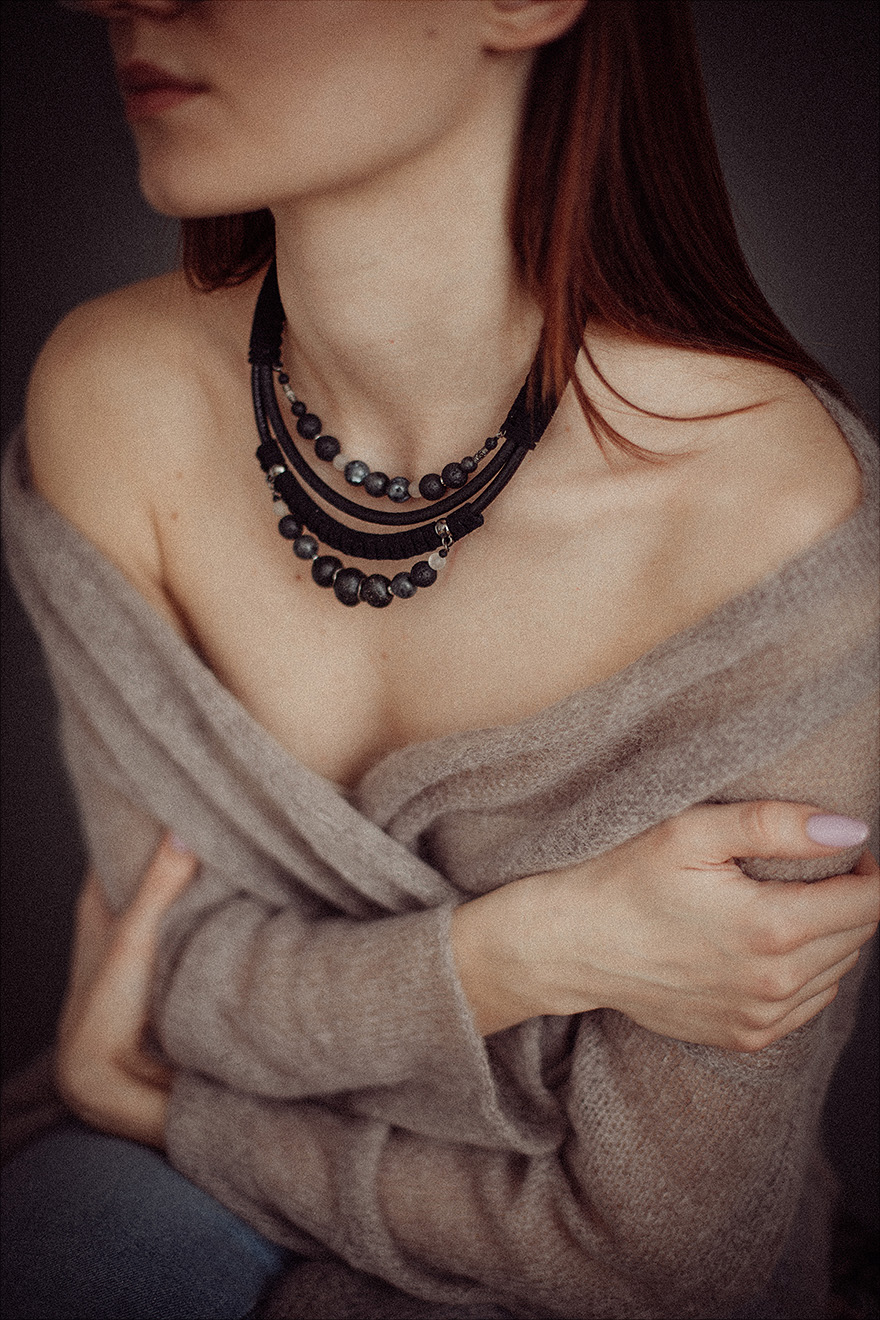 Black labradorite bead and leather bib necklace