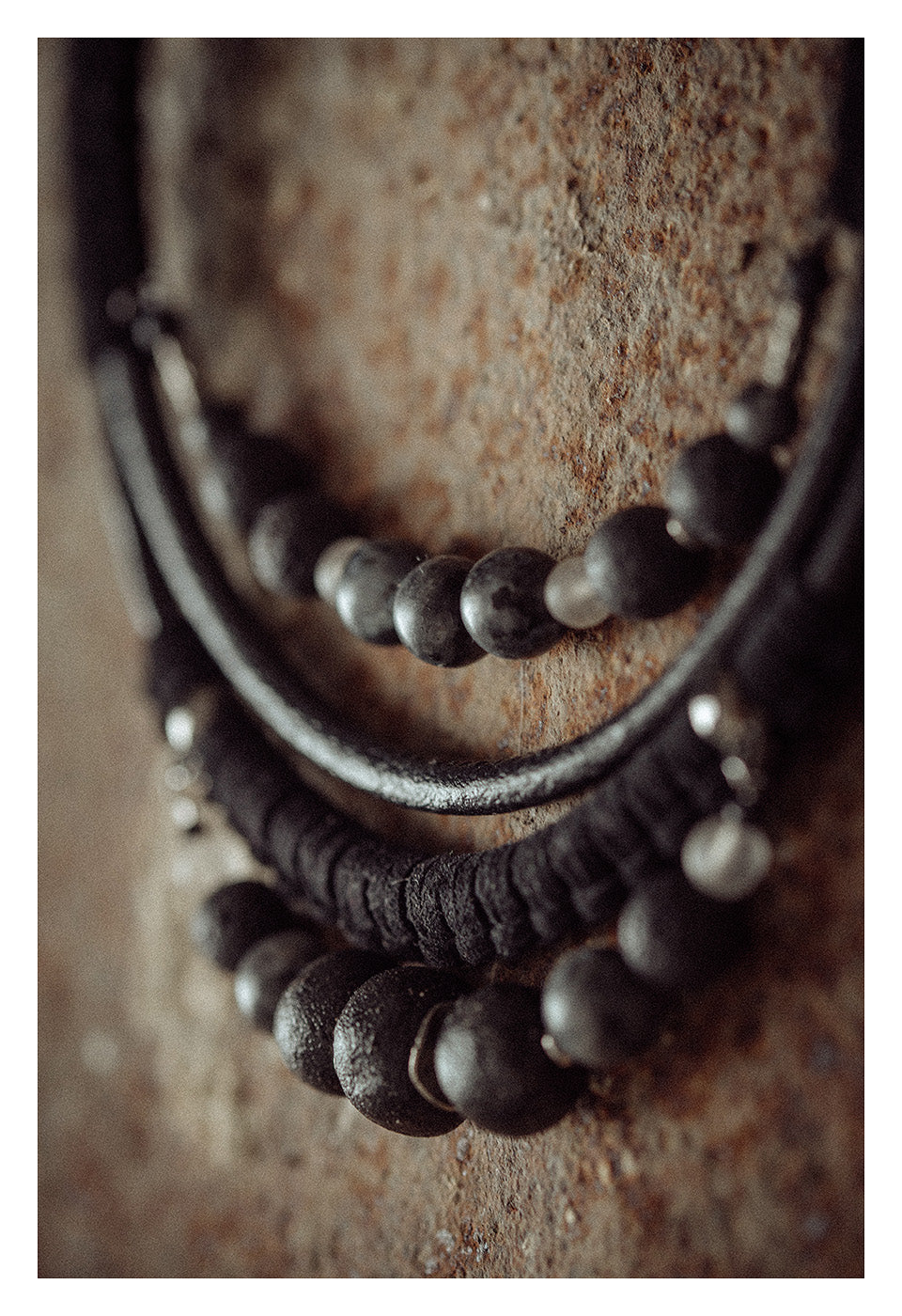 Black labradorite bead and leather bib necklace