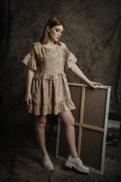 Silk ruffle dress with botanical prints