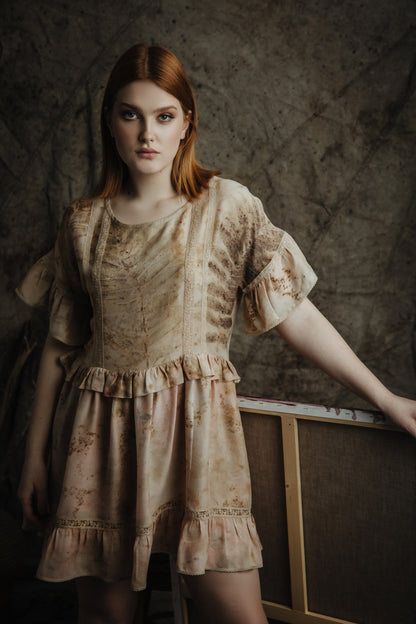 Silk ruffle dress with botanical prints