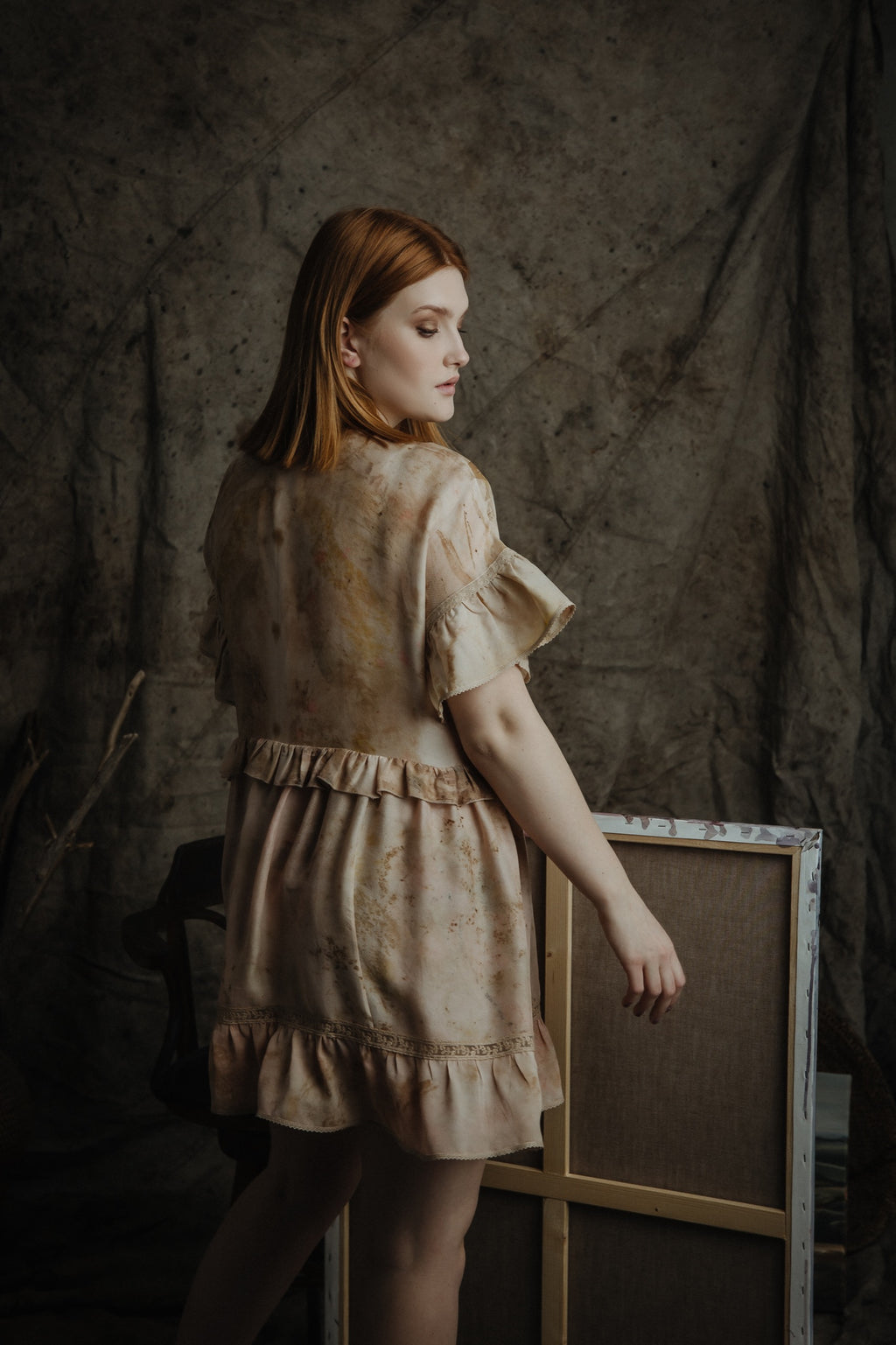 Silk ruffle dress with botanical prints