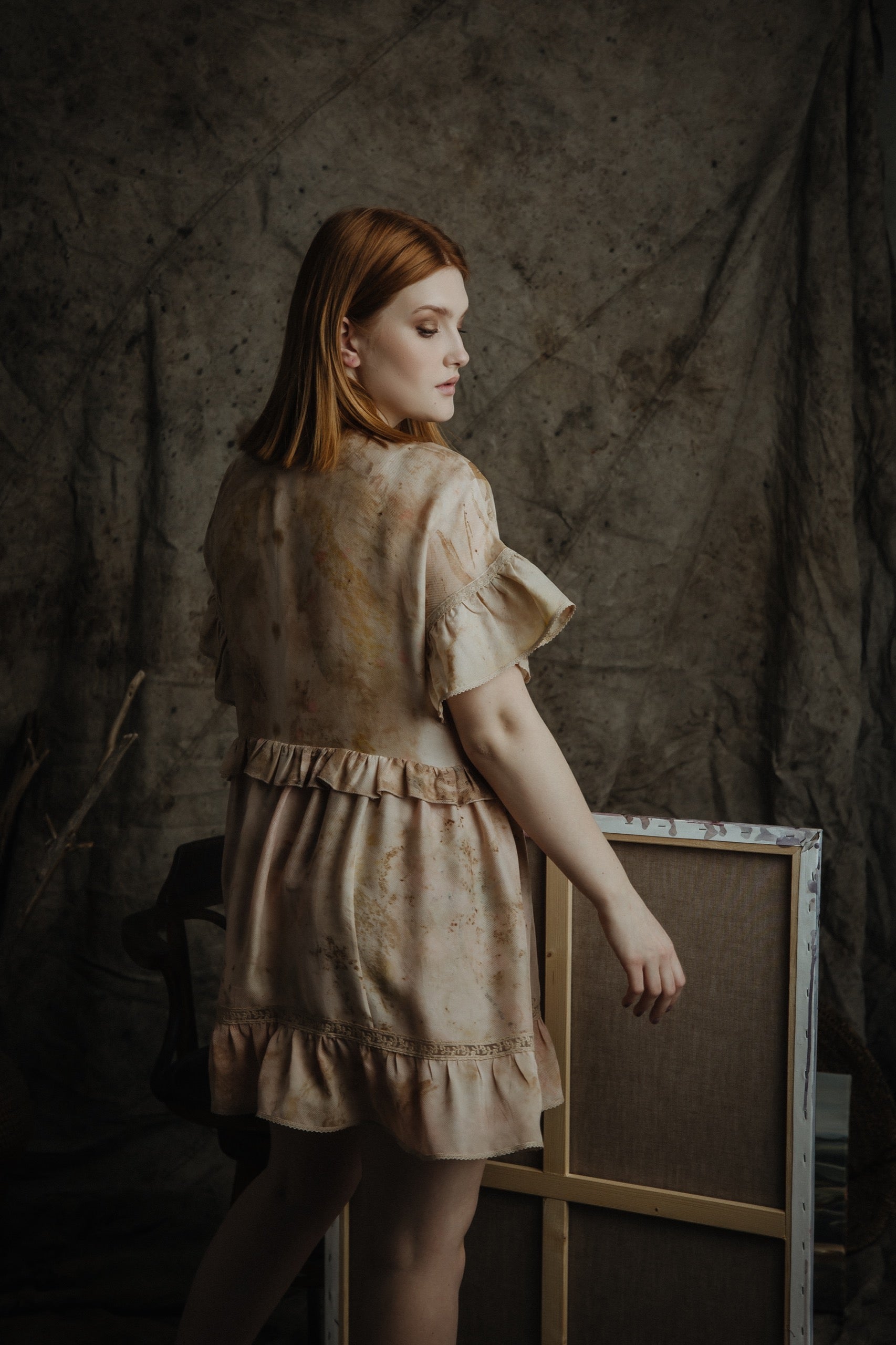 Silk ruffle dress with botanical prints