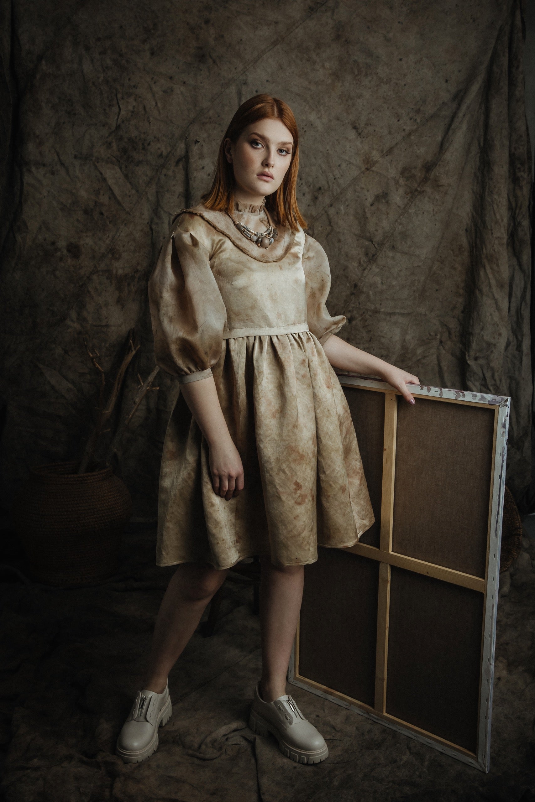 Romantic Botanical Dye Dress with Puffy Sleeves