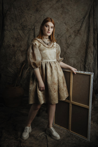 Romantic Botanical Dye Dress with Puffy Sleeves