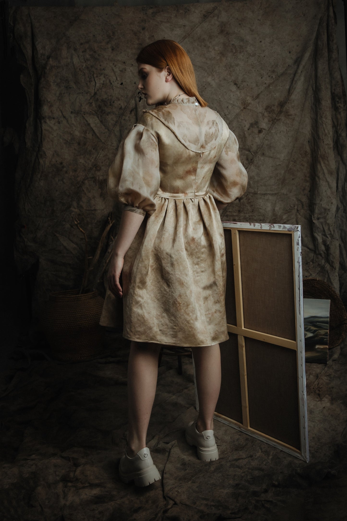 Romantic Botanical Dye Dress with Puffy Sleeves