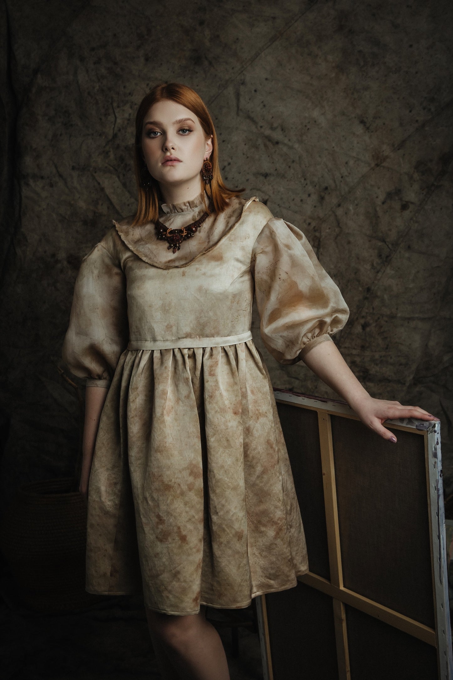 Romantic Botanical Dye Dress with Puffy Sleeves