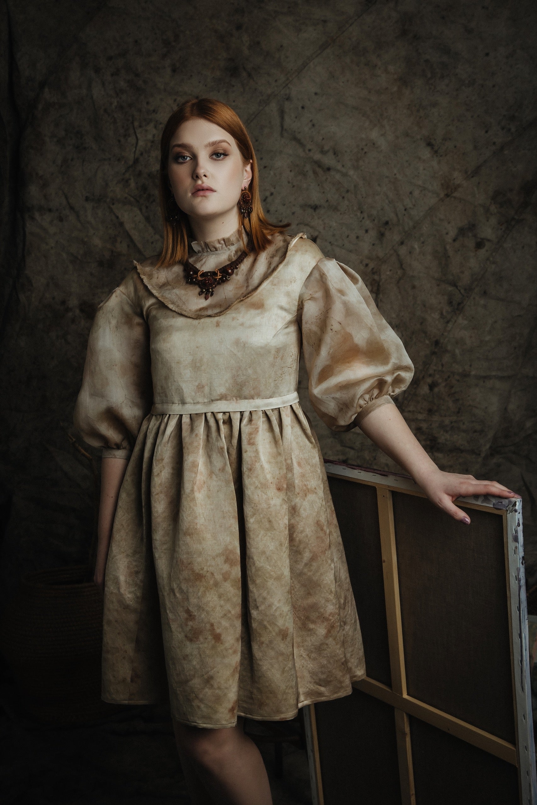 Romantic Botanical Dye Dress with Puffy Sleeves