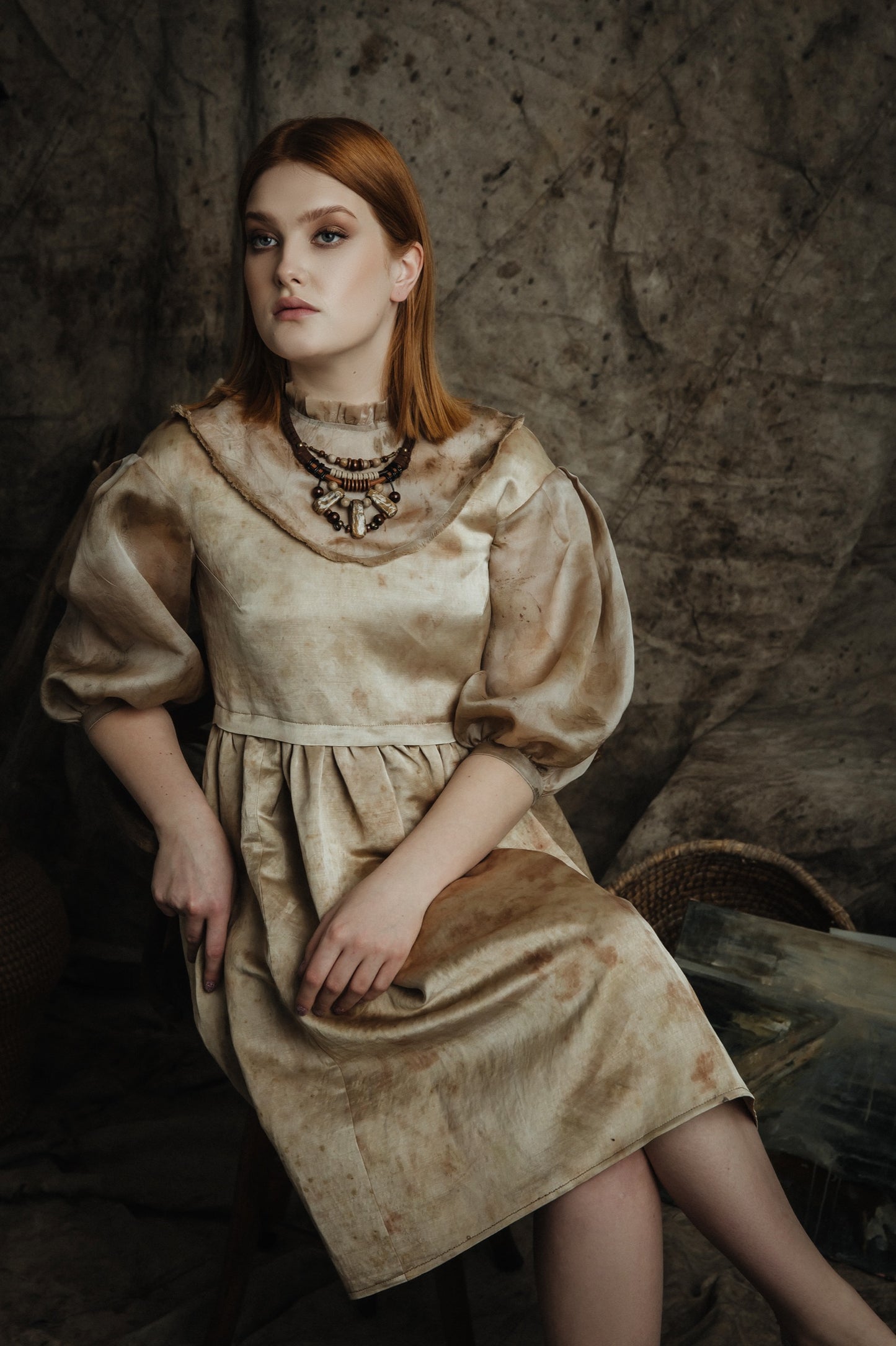 Romantic Botanical Dye Dress with Puffy Sleeves