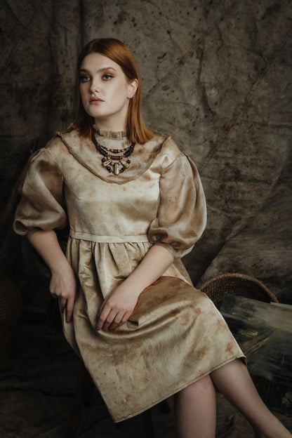 Romantic Botanical Dye Dress with Puffy Sleeves