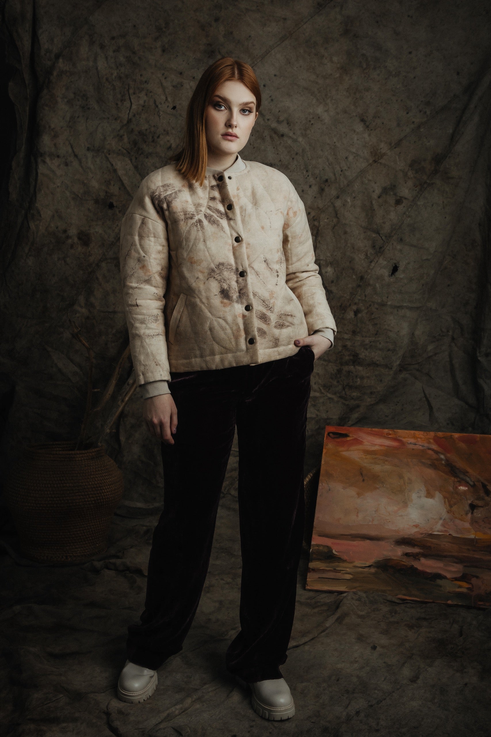 Botanical-Dyed Linen Quilted Bomber Jacket