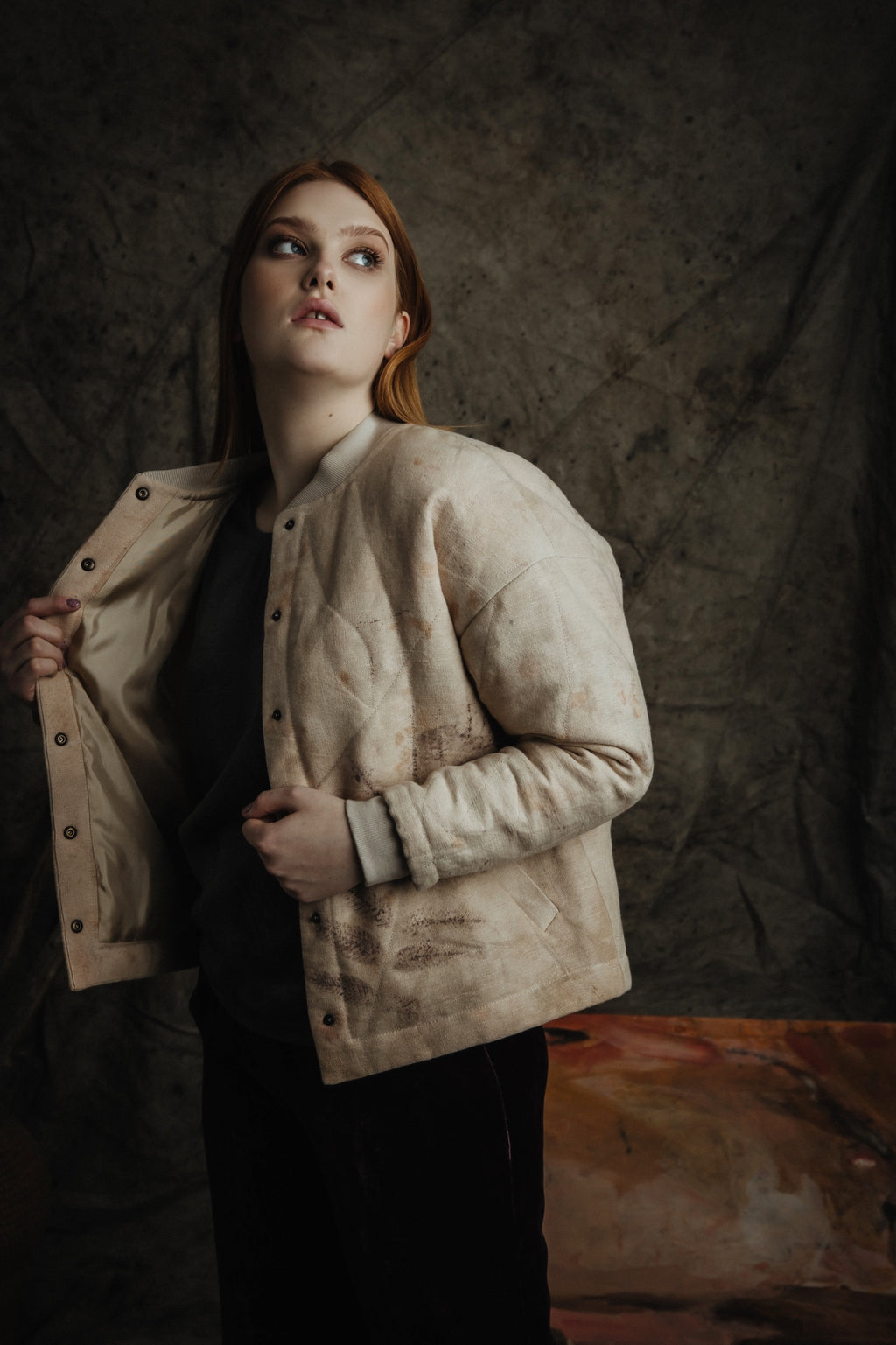 Botanical-Dyed Linen Quilted Bomber Jacket