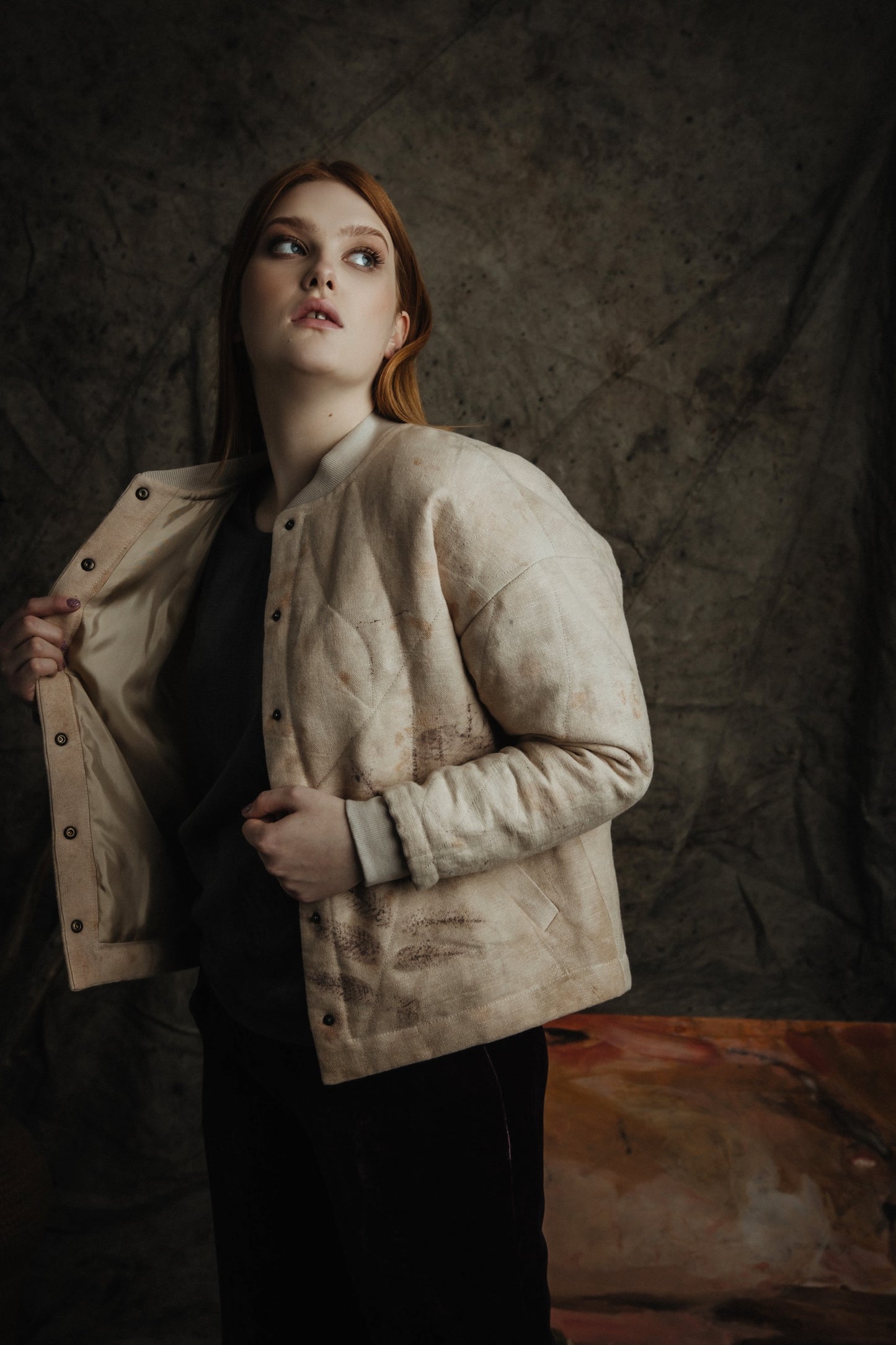 Botanical-Dyed Linen Quilted Bomber Jacket